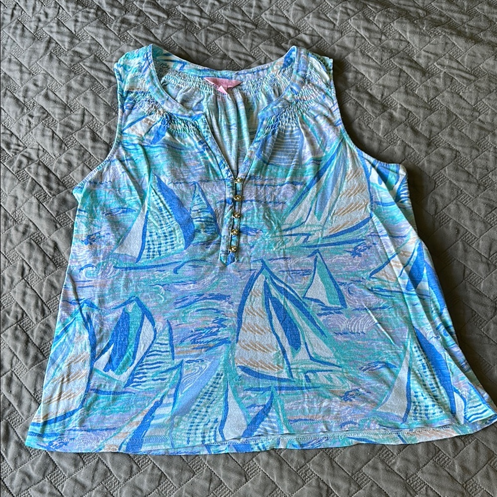 Lilly Pulitzer Blue and Green Sleeveless Sailboat Tank Top